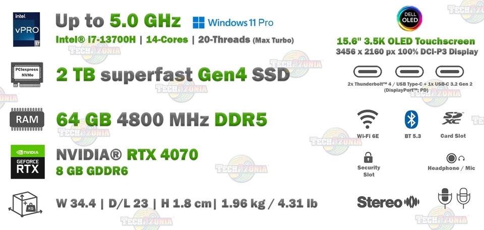 Dell XPS 9530 15.6″ 3.5K OLED Touch Laptop 64GB DDR5 RTX 4070, 2TB SSD i7-13700H - Image 3 of 4