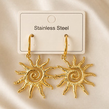 Gold Sun Dangle/Drop Hoop Earrings Stainless ...