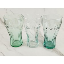 Coca Cola Libbey Drinking Glasses 16z Embossed Logo 6" Green White Blue x3