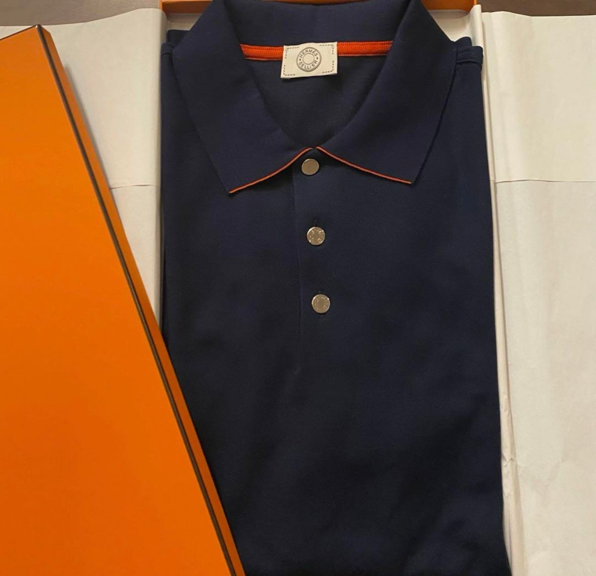 HERMES-PARIS Marine Navy ポロシャツ HERMES エルメス ポロシャツ メンズ ポケット付 H刺しゅう ＃XL