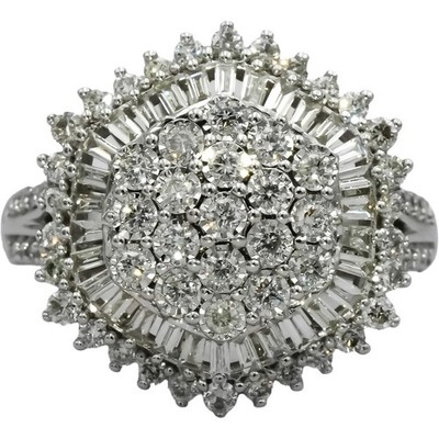 14 Karat Weißgold VS runder und Baguette Diamant Cluster Ring 1,50 kt Größe 7,25
