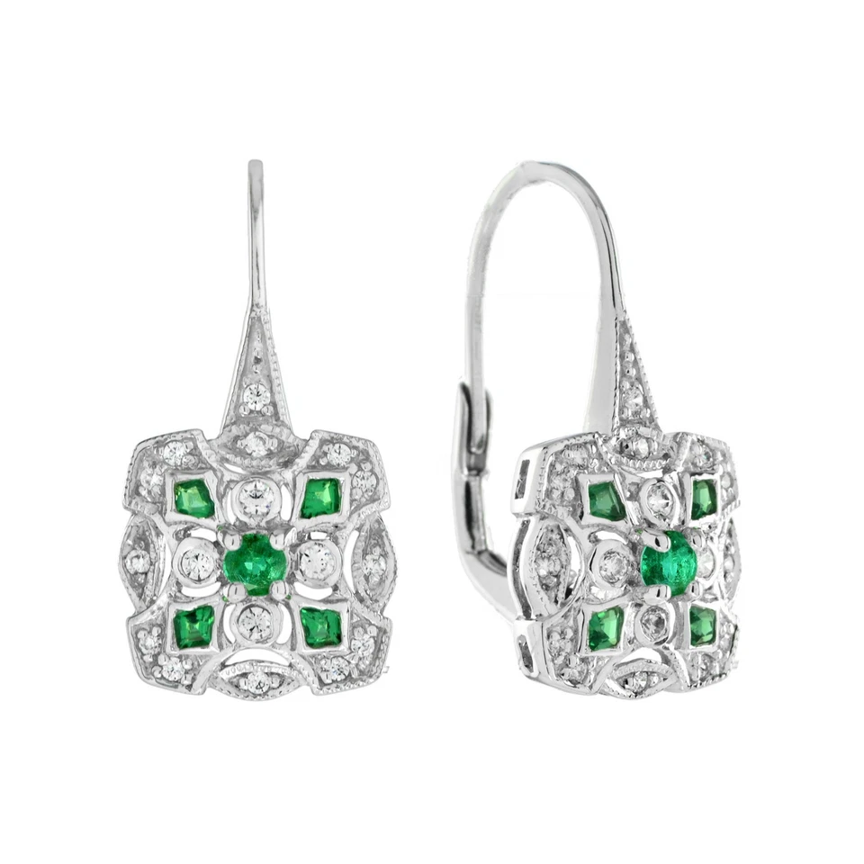 14K Gold Natural Emerald Diamond Art Deco Style Pendant and Earrings Jewelry Set - Image 2 of 4