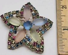 Vintage Multicolor Star Brooch Pin Marquise Frosted Glass Rhinestone Prong Set
