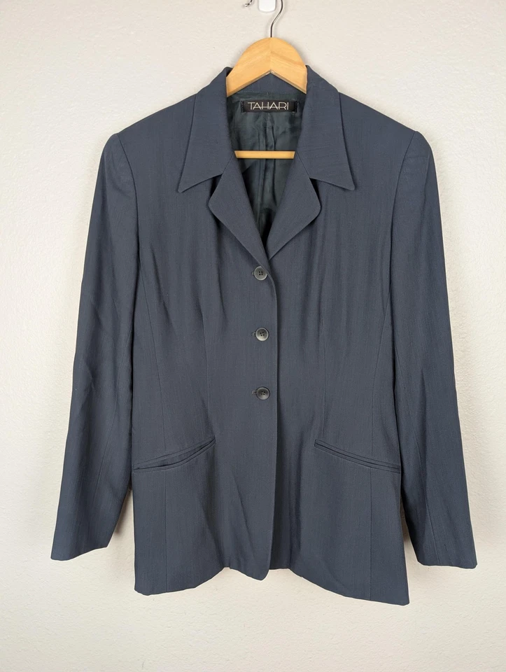 Blazer Tahari Mujer 6 Gris Mezcla Lana Hecho en EE. UU. Solapa Muesca Forrado con 3 Botones Foto 2 de 4