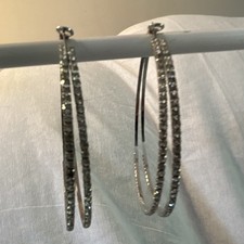 Silver Tone Crystal Rhinestone Double Round Hoop Earrings, Hinged Closure