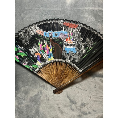 Vintage Asian Folding Hand Fan Painted Scene Bamboo Wood Black 18 Inch