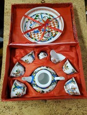 Vintage Porcelain Miniature Chinese 9 Piece Tea Set in Original Brocade Box