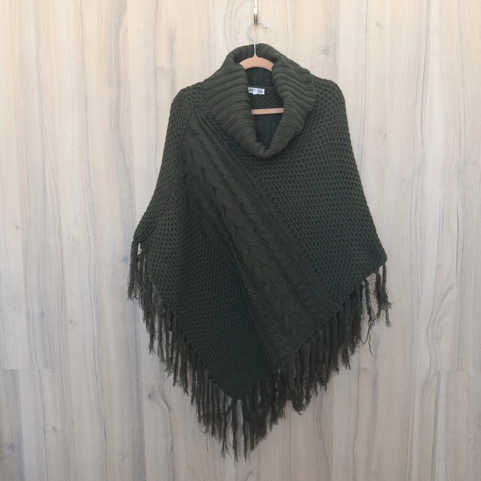 Woven Heart Womens Poncho M Olive Green Cable Knit Fringe Cowl Neck Western Boho
