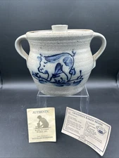 Rowe Pottery Works Cow Stoneware Salt-Glazed Crock 1965 Blue Grey, Bean Pot