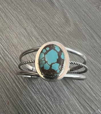 TURQUOISE ROYSTON ~ NUMBER 8 * MINE BRACELET~HEAVY RAILS~ SIGNED~STERL