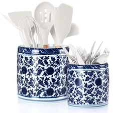 2 Pcs Blue and White Kitchen Utensil Holder 5"+6.1" Ceramic Kitchen Cooking H...