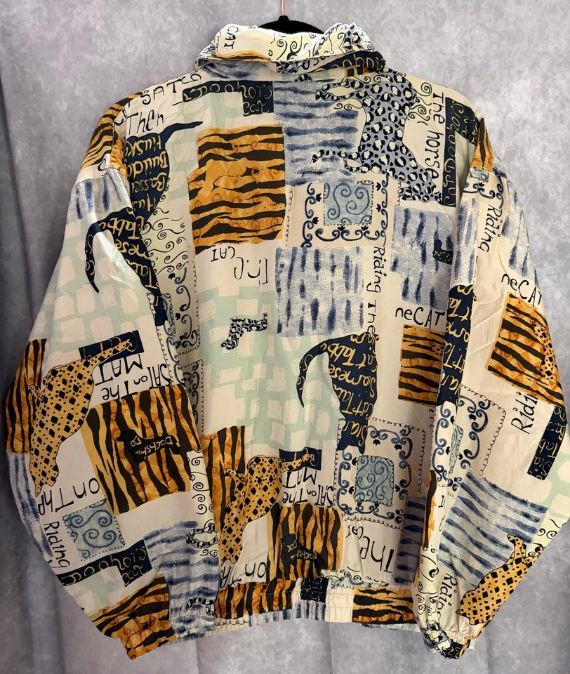 Chaqueta Vintage ABVIEN Seda Cremallera M 100% Seda Bombardero/Rompevientos Estampado Animal Foto 2 de 4