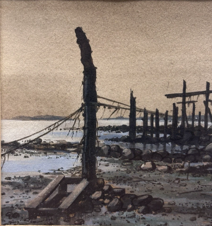 Original Firmado Miniatura Acuarela Marea Baja John Angelini 1974, Bellas Artes Decoración Foto 4 de 4