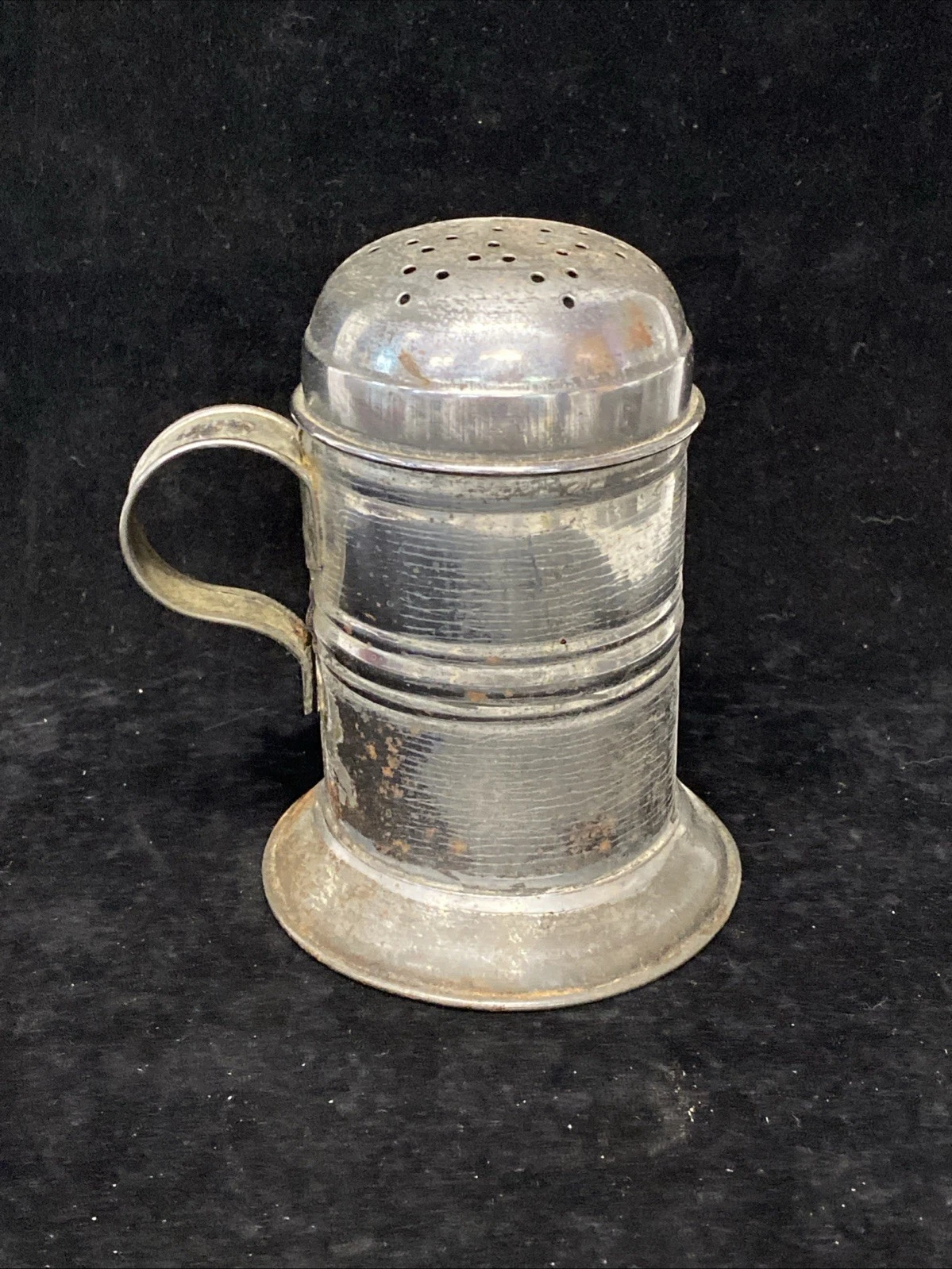ANTIQUE 1890s FOOTED TIN SUGAR SHAKER OR MUFFINEER Handle Metal K4