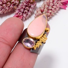 Pink Opal, Pink Kunzite Black  Gold Plated 925 Sterling Silver Ring s.6.5 Su26