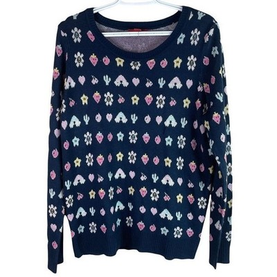 Saks Fifth Avenue Sweater Womens L Navy Blue Intarsia Novelty Print Knit