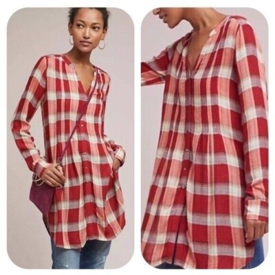 Akemi + Kin Anthropologie Lucie Red Plaid Tunic Blouse Size Small Wool Blend