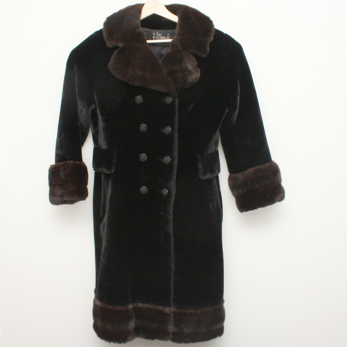 B Altman Co Borgazia Long Faux Fur Coat Size 14 Black with Brown