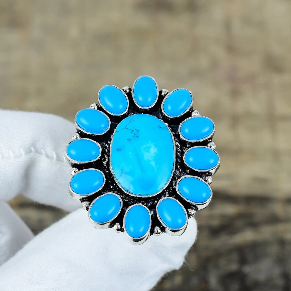 Elegant Turquoise Gemstone Ring Handmade 925 Sterling Silver Jewelry For Gift - Image 2 of 4