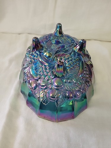 Carnival Glass Indiana Harvest Grape Iridescent Blue Oval Footed Fruit Bowl 12" - Picture 8 of 18