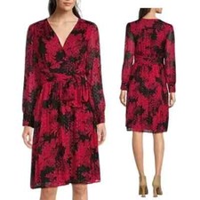 TOMMY HILFIGER Long Blouson Sleeve V-Neck Glitter Dot Floral Chiffon Dress