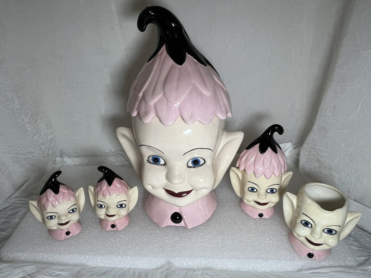 VINTAGE PINK PIXIE SET, Cookie Jar, S&P, Sugar& Creamer