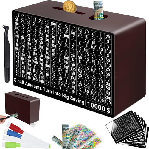 10000 Caja Desafío Ahorro, Caja Ahorro Dinero 10.000 Caja Ahorro Efectivo Bóveda Madera - Imagen 7 de 12