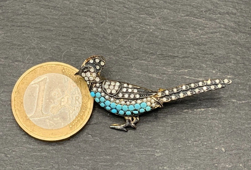 Fasan Brosche Türkis, Perle & Diamant Gold & Silber - Picture 2 of 7