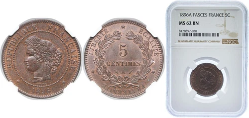 France 1896 A 5 Centimes Nickel silver NGC MS 62