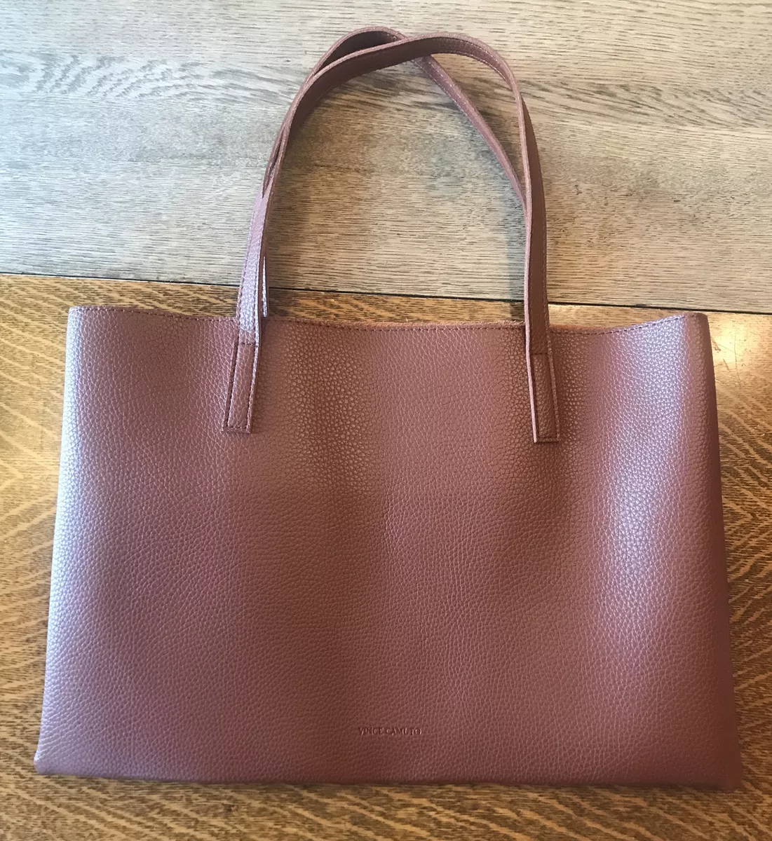 Vince Camuto Luck Tote Laptop Handbag Purse Vegan Brown Faux Pebbled Leather