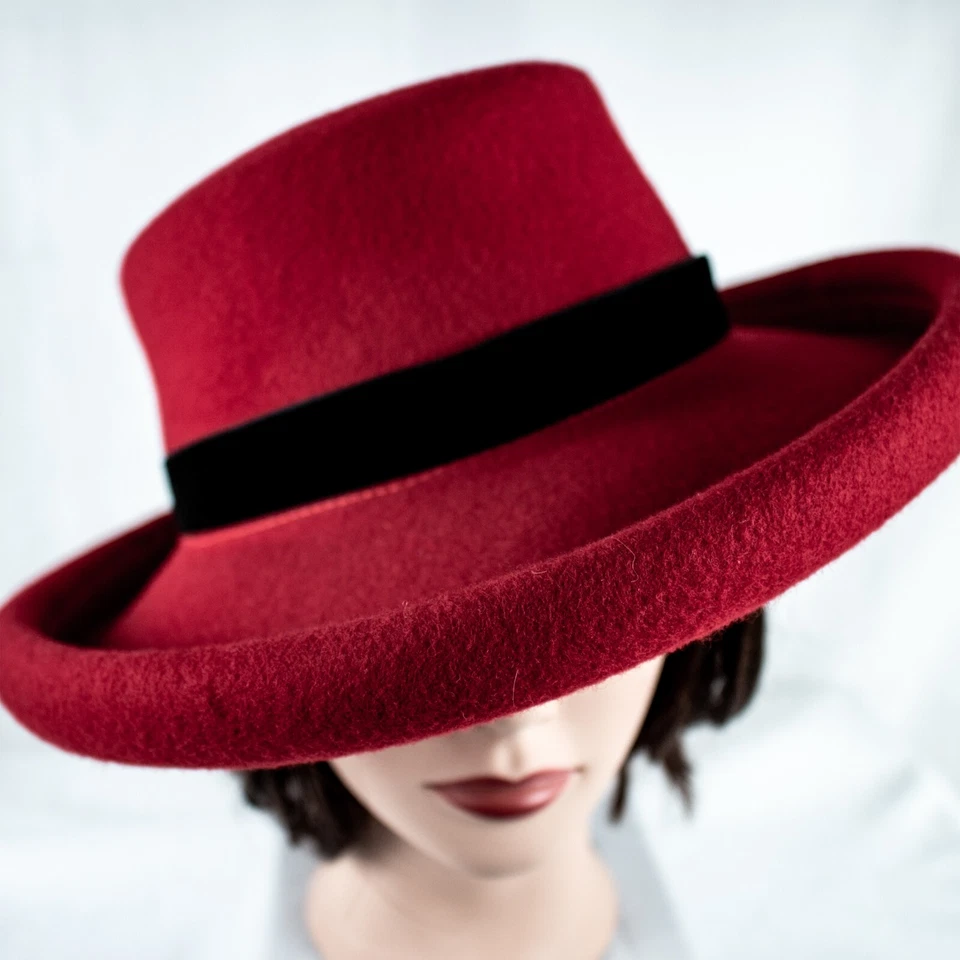 AMANDA SMITH Italy Red Black Velvet Trim Wool Vintage Women Bowler Hat Size M 7 - Image 2 of 4