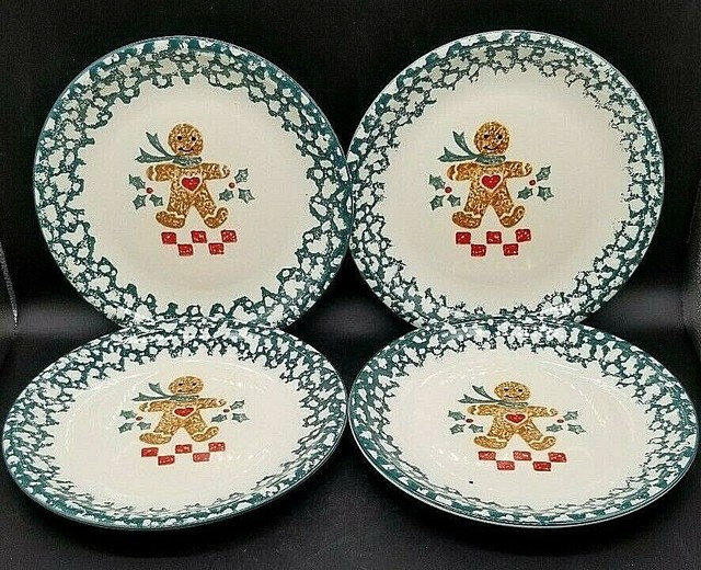 SET OF 4 TIENSHAN FOLK CRAFT GINGERBREAD MAN STONEWARE DINNER PLATES