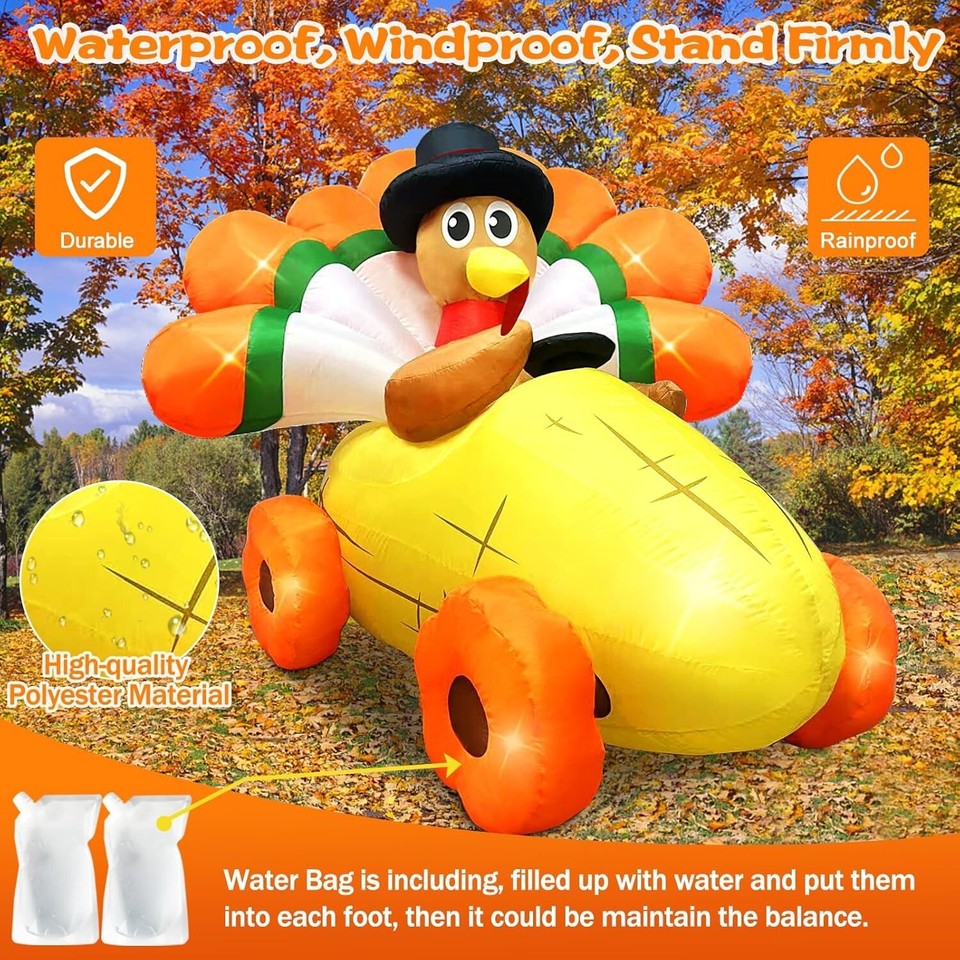 TURKEY IN PILGRIM HAT DRIVING CORN CAR THANKSGIVING INFLATABLE NEW