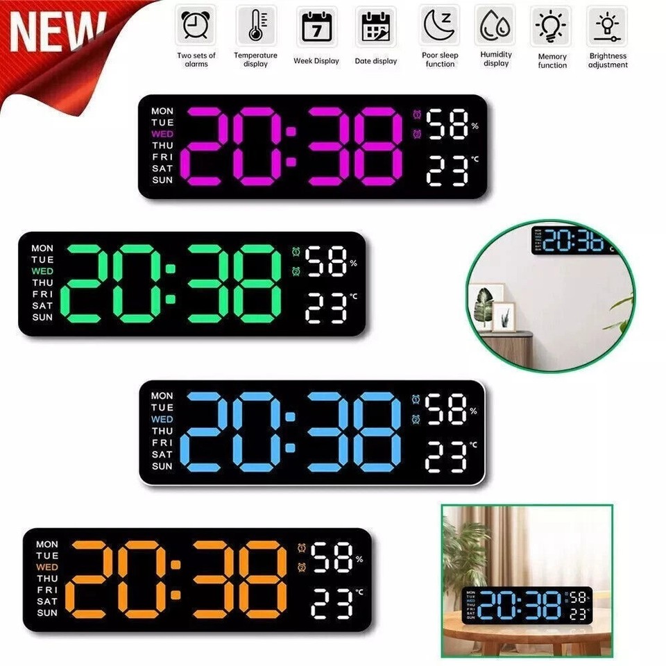 LED Digital Large Display Wall Desk Alarm Clock With Calendar Temperature Date ;