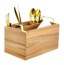 Acacia Wood Flatware Caddy - 4 Compartment Silverware Utensil Holder with Gol...