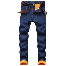 Mens Denim Pants Jeans Fleece Lined Straight Trousers Thick Winter Casual Warm