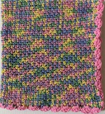 HAND CROCHETED BABY BLANKET, EASTER COLORS WITH PINK BORDER, 32X31", NEW