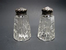 Antique Cut Crystal ABP Brilliant Period Salt Pepper Shakers Stars Sterling Tops