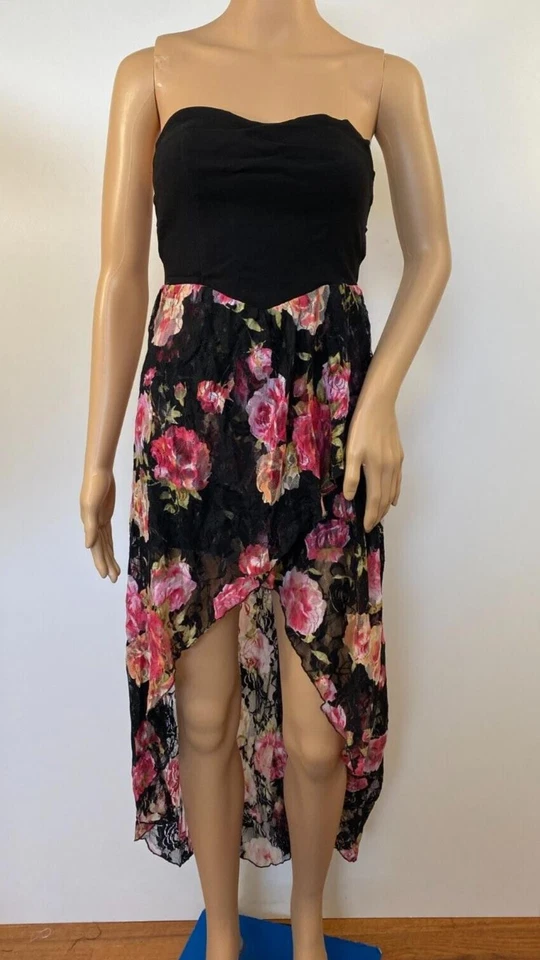 Vestido Floral Rosa Alto Bajo Sin Tirantes Wet Seal Negro Lados Abiertos Para Mujer Talla S Y2K Foto 2 de 4