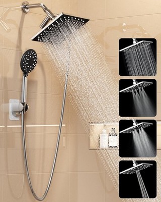 Multi-Function 8'' Rain Shower Head & Handheld Spray Combo, Chrome, Detachable H