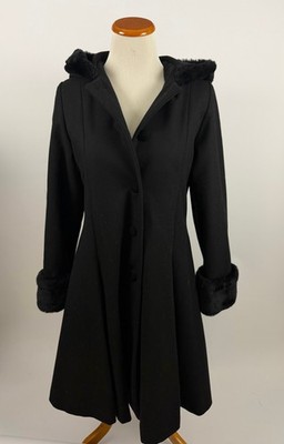 BRITISH VOGUE black wool blend Swing Coat Faux fur hooded and hand warmer Jr 14