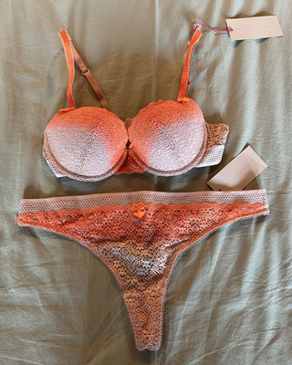 Stella McCartney Millie Drawing Bra & Thong Fluo Orange & Pink Clay 34B/M NWT