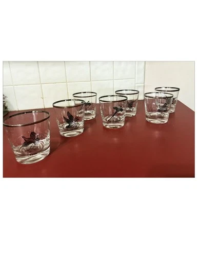 Vintage MCM Federal Glass Wild Game Bird Highball Glasses Silver Rimmed Set of 7
