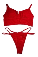 PINK Victoria's Secret Womens Medium Red Lace 2 Pc Set Of Bralette And Thong