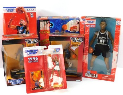 Lot of (7) 1990's NBA Starting Lineup Figures: 1-Shaq 2-Duncan 4-Hill