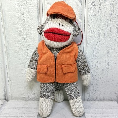 Sock Monkey Hunter Plush Ornament Orange Hat And Vest 6  Vintage Style Gift