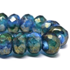 Qty. 10 Blue Emerald w/ Gold Finish 6x9mm Czech Glass Large Hole, Roller Beads