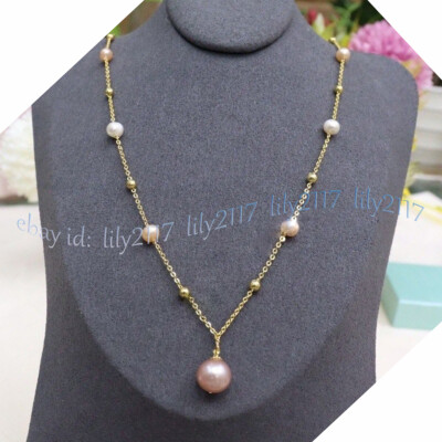 Elegant Natural South Sea White Pearl Pink Baroque Pearl Pendant Necklace 18''
