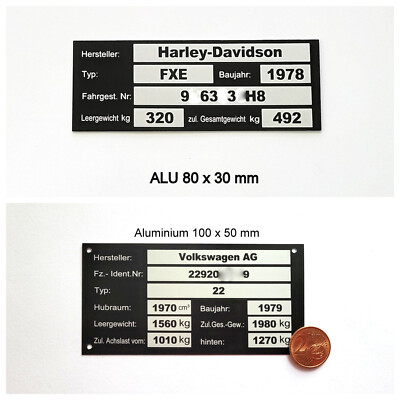 Typenschild PKW, KFZ, Motorrad, Roller, Quad, Beiwagen,mit IHREN Daten, graviert
