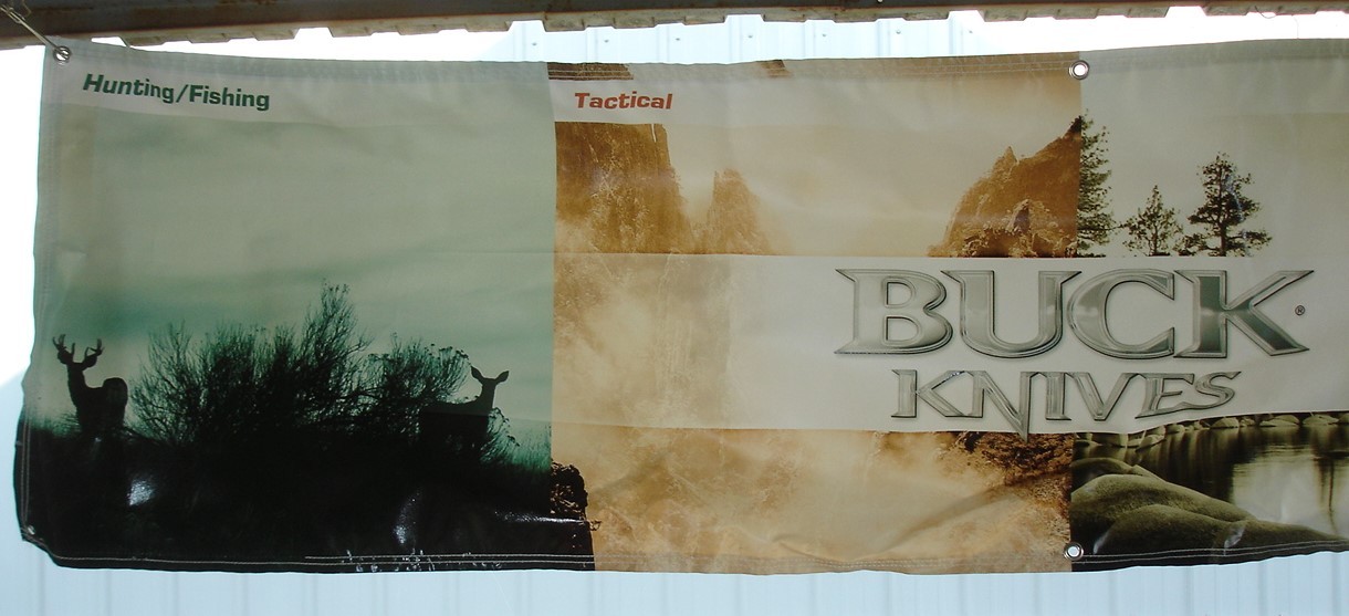 1 BUCK KNIFE KNIVES 4 SEASONS VINYL BANNER 81" X 21" RIGHT OUTTA FACTORY STORAGE